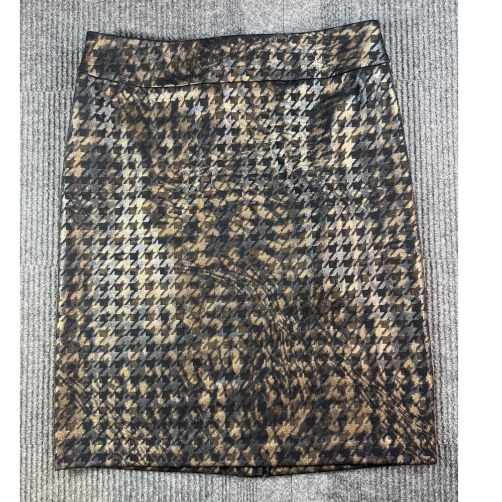 Y2K Tribal Womens Metallic Houndstooth Pencil Skirt Gold Silver Black Size 6